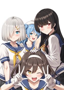 4girls :d armpits black_hair blue_eyes blue_hair blue_sailor_collar blunt_bangs blush breasts brown_hair collarbone commentary_request cowboy_shot double-parted_bangs double_bun double_w gloves grey_hair hair_between_eyes hair_bun hair_ornament hair_over_one_eye hairclip hamakaze_(kancolle) highres ichikawa_feesu isokaze_(kancolle) kantai_collection large_breasts long_hair long_sleeves looking_at_viewer medium_hair multiple_girls open_mouth red_eyes sailor_collar shirt short_sleeves sidelocks simple_background smile tanikaze_(kancolle) teeth upper_body upper_teeth_only urakaze_(kancolle) w white_background white_gloves white_shirt yellow_eyes