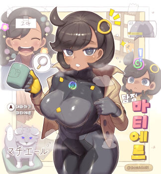 black_bodysuit bodysuit bodysuit_under_clothes breasts brown_jacket domaguri emma_(pokemon) gloves jacket large_breasts latex latex_bodysuit orange_gloves pokemon pokemon_legends:_z-a