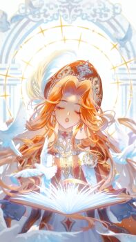 1girl absurdres arch beads bird book chinese_commentary closed_eyes commentary_request cowboy_shot dove dress eyelashes floating_hair forehead hair_beads hair_ornament halo halo_behind_head hat hat_feather highres infinity_nikki light_blush light_particles long_hair long_sleeves nikki_(series) official_alternate_color open_book open_mouth orange_hair pillar priest qianlang-xiuxianpaidadizi red_hat red_robe robe silent_ode_(infinity_nikki) solo spiked_halo stole thick_eyebrows turning_page turtleneck turtleneck_dress wavy_hair white_background white_dress wide_sleeves yellow_halo