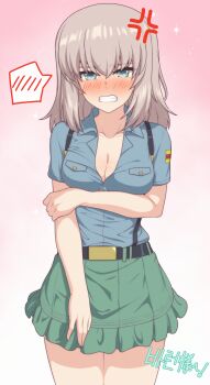 1girl absurdres ada_badguy aoshidan_school_uniform blue_eyes blush breasts cleavage clenched_teeth collarbone commentary_request girls_und_panzer highres itsumi_erika large_breasts long_hair looking_at_viewer miniskirt pink_background school_uniform simple_background skirt solo teeth white_hair