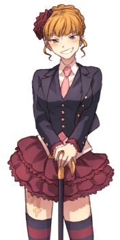 1girl beatrice_(umineko) black_suit blonde_hair blue_eyes breasts cane commentary_request flower formal_clothes hair_flower hair_ornament highres holding holding_cane hswoimuxk0pwr0h_(bbdan) large_breasts layered_skirt looking_at_viewer necktie pink_necktie red_flower red_rose red_skirt rose shirt simple_background skirt smile solo standing suit thighhighs umineko_no_naku_koro_ni white_background white_shirt