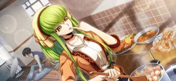 1boy 1girl black_hair brown_jacket c.c. code_geass code_geass:_fukkatsu_no_lelouch code_geass:_lost_stories f4samurai food game_cg green_hair highres jacket lelouch_vi_britannia long_hair official_art open_mouth purple_eyes shirt white_shirt yellow_eyes