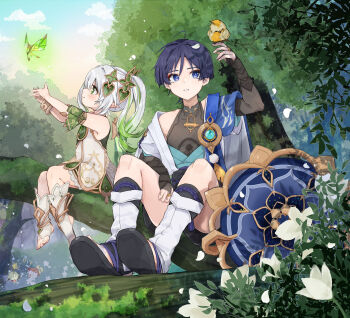 1boy 1girl anemo_symbol_(genshin_impact) anklet aranara_(genshin_impact) armlet armor armpit_crease beamed_eighth_notes bird bird_on_hand black_bow black_bridal_gauntlets black_leggings black_sandals black_shorts bloomers blue_gem blue_hat blue_kimono blue_sleeves blunt_ends blush bow bracelet bridal_gauntlets bright_pupils bush cape choppy_bangs closed_mouth commentary_request cross-shaped_pupils crystalfly_(genshin_impact) detached_cape detached_sleeves dress eighth_note eyeliner eyeshadow falling_petals feathers finch fingernails flower forest gem genshin_impact gold gold_ring gold_trim green_cape green_eyes green_gem green_hair green_sleeves grey_pupils hair_ornament hand_on_own_thigh hand_up hands_up hat heart heart_hair_ornament highres japanese_armor japanese_clothes jewelry juban kimono kote kurokote large_variant_set layered_sleeves leg_warmers leggings long_hair looking_at_animal looking_at_creature looking_to_the_side makeup middle_ring morohaori multicolored_hair musical_note nahida_(genshin_impact) nature open_clothes open_hands open_kimono outdoors petals pom_pom_(clothes) purple_eyes purple_hair red_eyeliner red_eyeshadow sandals scaramouche_(genshin_impact) short_sleeves shorts side_ponytail sidelocks sitting_on_branch smile stirrup_footwear streaked_hair symbol-shaped_pupils tassel toenails toes tree underwear unworn_hat unworn_headwear variant_set vision_(genshin_impact) wanderer_(genshin_impact) white_bloomers white_dress white_flower white_hair white_kimono white_leg_warmers white_mouth white_petals white_pupils white_sleeves yellow_feathers zouri