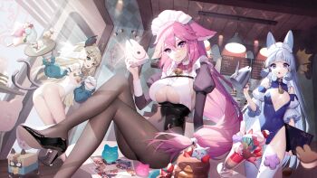 3girls absurdres alternate_costume animal_ears ayaka_(genshin_impact) black_pantyhose blonde_hair blue_hair blue_leotard breast_cutout breasts cake camera cat_ears cat_tail choker clothing_cutout crossed_legs detached_sleeves extra_ears food food_request genshin_impact high_heels highres holding holding_camera holding_kettle holding_menu holding_tray ice_cream kettle kirara_(genshin_impact) lemonpear leotard light_blue_hair long_hair long_sleeves looking_at_viewer maid maid_headdress medium_breasts menu multiple_girls multiple_tails nekomata pantyhose pink_hair puffy_long_sleeves puffy_sleeves small_breasts tail tray two_tails very_long_hair white_leotard yae_miko