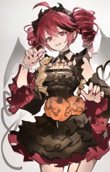 1girl absurdres black_dress black_hairband breasts detached_sleeves dress drill_hair fang gothic_lolita grin hair_between_eyes hairband highres kasane_teto lolita_fashion lolita_hairband looking_at_viewer pumpkin red_eyes red_hair red_nails sidelocks smile solo twice12314 twin_drills utau