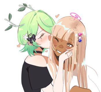 2girls antlers black_bow black_shirt blush bow brown_eyes brown_hair ceres_fauna dark-skinned_female dark_skin earclip green_hair grin hair_bow hand_in_another&#039;s_hair hand_on_another&#039;s_face hololive hololive_english horns kiss kissing_cheek lipstick_mark lipstick_mark_on_face long_hair medium_hair mole mole_under_eye multiple_girls off-shoulder_shirt off_shoulder one_eye_closed shirt simple_background smile tsukumo_sana virtual_youtuber white_background white_shirt yellow_eyes yorobisan yuri