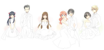 Rule 34 | 3boys, 4girls, black eyes, black hair, blonde hair, blue eyes, blush, bouquet, bride, brown eyes, brown hair, dress, erica fontaine, flower, formal clothes, fuurin kingyou, gemini sunrise, gloves, groom, hair ribbon, hand in pocket, hetero, highres, holding, holding bouquet, holding hands, hugo juliard, long hair, long sleeves, looking at viewer, miyabi neko, multiple boys, multiple girls, oogami ichirou, open mouth, own hands clasped, own hands together, ponytail, puffy sleeves, red dress, red gloves, red hair, ribbon, sakura taisen, sakura taisen: kanade-gumi, sakura taisen iii, sakura taisen v, shinguuji sakura, sidelocks, skirt hold, smile, spiked hair, suit, taiga shinjirou, wedding dress, white dress, white gloves, white suit