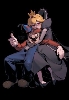 1boy 1girl artist_name black_background black_dress black_hair black_lips black_shoes blank_eyes blonde_hair blue_hat blue_overalls brown_hair brown_shoes commentary crown dress drooling elbow_gloves facial_hair gloves grey_gloves hat highres hug hug_from_behind light_blush mario mario_(series) mustache nintendo open_mouth overalls paper_mario paper_mario:_the_thousand-year_door party_hat pink_eyes puffy_cheeks red_hat red_shirt ringed_eyes shadow_queen shirt shoes sitting ssuregigame symbol-only_commentary thumbs_up white_gloves
