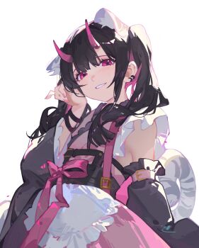 Rule 34 | 1boy, 2boys, absurdres, animal ears, bracelet, cho kaguya-hime!, commentary, crossdressing, crossdressing (mtf), detached sleeves, earrings, from below, highres, horns, japanese clothes, jewelry, komazawa noi, long sleeves, looking at viewer, multiple boys, pink eyes, pink ribbon, ribbon, sentter, smile, solo, tail, teeth, twintails, white background