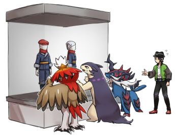1boy beak bird black_hair black_hat closed_mouth costume crying crying_with_eyes_open display facial_hair feather_hair feathers galaxy_expedition_team_survey_corps_uniform green_jacket hat headscarf highres hisuian_decidueye hisuian_samurott hisuian_typhlosion holding jacket long_sleeves nintendo open_clothes open_jacket open_mouth owl pants paxton_(pokemon) pokemon pokemon_(creature) pokemon_legends:_arceus pokemon_legends:_z-a red_eyes red_feathers red_scarf sad sash scarf sea_lion shirt short_hair standing streaming_tears sweat tears white_feathers white_headscarf white_shirt winged_arms wings zuzu_(ywpd8853)