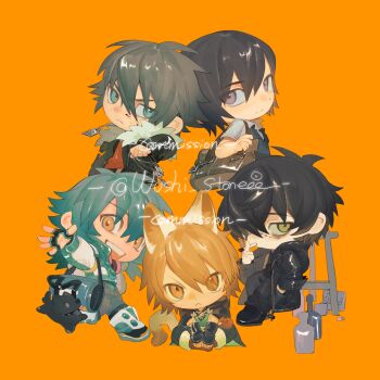 5boys akira_(togainu_no_chi) animal_ears aqua_hair aqua_trim bag bar_stool black_boots black_coat black_hair black_pants blood blood_on_face blue_eyes boots bottle brown_hair cat_boy cat_ears cat_tail chibi chibi_only cigarette coat collared_shirt commentary_request commission company_connection crossed_bangs dog_tags dramatical_murder fingerless_gloves fur-trimmed_jacket fur_trim furrowed_brow gloves grey_pants grey_sweater_vest hair_between_eyes hair_over_one_eye hand_in_pocket highres holding holding_cigarette holding_dog_tags jacket konoe_(lamento) long_sleeves male_focus multiple_boys nitro+_chiral open_mouth orange_background orange_eyes orange_hair pants purple_eyes red_shirt sakiyama_youji scar scar_on_face scar_on_nose seragaki_aoba shirt short_hair shoulder_bag sitting smile smoking stitched_face stitches stool sweater_vest sweet_pool tail togainu_no_chi towa_(slow_damage) trait_connection twitter_username white_boots white_jacket wushi_stoneee yellow_eyes