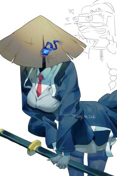 Rule 34 | 1girl, absurdres, bamboo-hatted kim, black coat, black gloves, black jacket, blue eyes, coat, genderswap, genderswap (mtf), gloves, hashtag-only commentary, hat, highres, holding, holding sword, holding weapon, hong sa, jacket, jingasa, leaning forward, library of ruina, limbus company, necktie, pants, project moon, red necktie, shirt, solo, suit jacket, sword, torn clothes, torn hat, weapon, white shirt, white trim