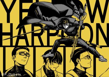 Rule 34 | 1boy, armband, belt, black gloves, black hair, black pants, black shirt, blonde hair, character name, closed mouth, coat, coat on shoulders, compression shirt, dual wielding, f duck478, fighting stance, floating clothes, full body, glasses, gloves, hair slicked back, highres, holding, holding harpoon, holding sword, holding weapon, injury, jacket, jacket on shoulders, limbus company, male focus, monochrome, multicolored hair, multiple views, muscular, muscular male, pants, project moon, serious, sheath, shirt, shoes, short hair, streaked hair, sword, the distortion detective, twitter username, unsheathed, vespa crabro, weapon, yellow background, yellow theme