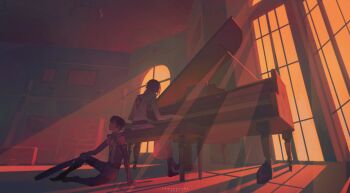 2boys black_footwear black_gloves black_hair black_pants black_tunic brown_hair chandelier code_geass cyanpears elbow_gloves full_body gloves grand_piano highres holding holding_instrument holding_violin indoors instrument jacket kururugi_suzaku lelouch_vi_britannia male_focus multiple_boys music on_floor pants piano playing_instrument playing_piano red_theme shelf short_hair sitting sunlight tunic violin white_jacket white_pants