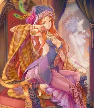 1girl alternate_form animal_ears armband ass belladonna_(seiken_densetsu_3) bracelet breasts cat_ears cat_tail claws cleavage dress dual_persona feathers furry furry_female green_eyes hat jewelry long_hair mirror nail_polish necklace official_art purple_hair red_hair reflection ring seiken_densetsu seiken_densetsu_3 sharp_nails solo tail throne turban