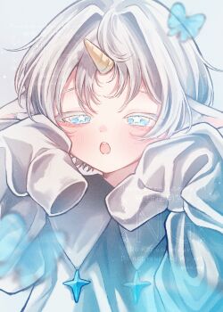 1boy :o absurdres aegyo_sal animal_ear_fluff animal_ears bishounen blue_butterfly blue_eyes blush bright_pupils bug butterfly collared_shirt colored_eyelashes commentary_request cone_horns ghost_pose grey_background hair_intakes half-closed_eyes highres horns horse_ears insect long_sleeves looking_at_viewer male_focus open_mouth original pale_migi partial_commentary shirt short_bangs short_hair simple_background single_horn sleeve_cuffs sleeves_past_fingers sleeves_past_wrists solo star-shaped_pupils star_(symbol) straight-on symbol-shaped_pupils unicorn_boy unicorn_horn upper_body watermark white_eyelashes white_hair white_pupils white_shirt yellow_horns