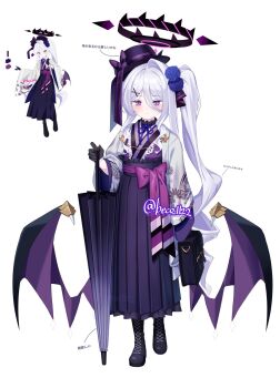 1girl alternate_costume alternate_hairstyle bag beko_(beco_1122) black_bag black_boots black_gloves black_halo black_hat black_horns black_shirt blue_archive blush boots bow closed_mouth closed_umbrella collared_shirt commentary_request demon_girl demon_horns demon_wings floral_print floral_print_kimono full_body gloves hair_ornament hakama hakama_skirt half_gloves halo hand_up hat hat_bow highres hina_(blue_archive) holding holding_bag holding_umbrella horns japanese_clothes kimono lace-up_boots lolita_fashion long_hair long_sleeves low_wings neck_ribbon print_kimono purple_bow purple_eyes purple_hakama purple_ribbon reference_inset ribbon shirt side_ponytail skirt standing translation_request twitter_username umbrella undershirt very_long_hair wa_lolita watermark white_hair white_kimono wide_sleeves wings x_hair_ornament