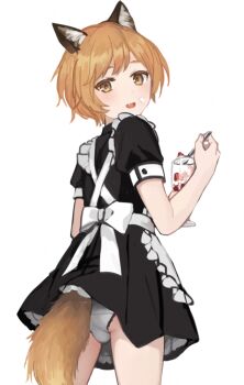 1boy alternate_costume androgynous animal_ear_fluff animal_ears apron black_dress bow_apron bulge cowboy_shot crossdressing crossdressing_(mtf) cup dress drinking_glass enmaided fang food food_on_face fox_boy fox_boy_(sunaba_(nczd5875)) fox_ears fox_tail from_behind hands_up holding holding_cup holding_food holding_ice_cream holding_spoon ice_cream looking_at_viewer looking_back maid maid_apron male_focus male_maid open_mouth orange_hair orange_tail original panties pantyshot puffy_short_sleeves puffy_sleeves short_hair short_sleeves simple_background solo spoon sunaba_(nczd5875) tail tongue trap underwear white_apron white_background white_panties yellow_eyes