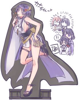 !? 1boy 3girls 49ibo240 absurdres adapted_costume alternate_hair_length alternate_hairstyle arm_at_side artist_name bare_shoulders black_bridal_gauntlets black_sandals black_thighhighs blunt_bangs blunt_ends blunt_tresses blush breasts bridal_gauntlets calligraphy_brush cardboard_cutout closed_eyes commentary_request covering_another&#039;s_eyes detached_sleeves eyelashes facing_another feathers flower foot_up genderswap genderswap_(mtf) genshin_impact hair_flower hair_ornament hand_up heart highres holding holding_calligraphy_brush holding_letter holding_paintbrush japanese_clothes kariginu kimono korean_commentary large_breasts layered_sleeves letter long_hair long_sidelocks looking_at_viewer middle_ring mother_and_son multiple_girls obi okobo open_mouth paintbrush pelvic_curtain pink_hair platform_sandals pom_pom_(clothes) purple_eyes purple_hair purple_kimono purple_sleeves raiden_shogun red_flower red_sash sandals sash scaramouche_(genshin_impact) scaramouche_(kabukimono)_(genshin_impact) short_kimono side_slit sideboob sidelocks single_sleeve skindentation spoken_interrobang standee string sweatdrop swept_bangs tasuki thigh_strap thighhighs tongue tongue_out tsurime white_sleeves wide_sleeves wispy_bangs yae_miko yellow_feathers