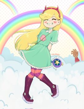 1girl animal-themed_footwear aqua_dress blonde_hair dress facial_mark fake_horns hairband heart heart_cheeks heart_facial_mark highres horns long_hair marco_diaz marking_on_cheek markings_on_cheeks mrmoon pantyhose royal_magic_wand_(svtfoe) smile solo_focus star_butterfly star_vs_the_forces_of_evil striped_clothes striped_pantyhose wand winged_wand