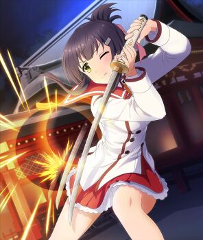 1girl architecture battle blocking blue_sky blush breasts brown_hair buttons closed_mouth dot_nose double-breasted dutch_angle east_asian_architecture game_cg green_eyes hair_ornament hair_ribbon hairclip holding holding_sword holding_weapon katana large_breasts long_sleeves medium_hair night official_art one_eye_closed outdoors pink_ribbon red_sailor_collar red_skirt ribbon sailor_collar shirt sidelocks skirt sky solo sparks sword tassel third-party_source toji_no_miko toji_no_miko:_kizamishi_issen_no_tomoshibi two-handed weapon white_shirt yanase_mai