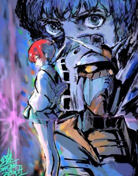 Rule 34 | 1boy, 1girl, 2025, amate yuzuriha, amuro ray, commentary request, dated, gundam, gundam gquuuuuux, looking at viewer, mecha, miniskirt, mobile suit, mobile suit gundam, moto murabito, red hair, robot, rx-78-2 gundam, science fiction, signature, skirt, v-fin, yellow eyes
