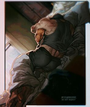 2boys arm_tattoo back bara bed black_hair black_male_underwear black_tank_top call_of_duty call_of_duty:_modern_warfare_2 couple ghost_(modern_warfare_2) highres hug hug_from_behind lying male_focus male_underwear mask multiple_boys muscular muscular_male on_bed on_side short_hair sleeping soap_(modern_warfare_2) tank_top tattoo twitter_username umikochannart underwear white_tank_top yaoi