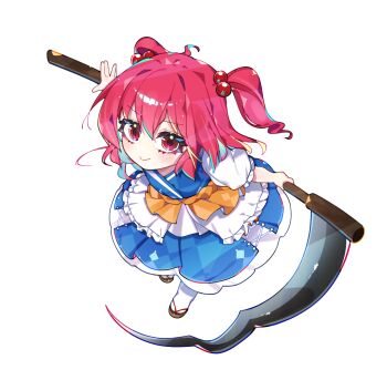 1girl blue_dress chibi commentary dress eyebrows_hidden_by_hair eyelashes frilled_sleeves frills from_above full_body hair_between_eyes hair_bobbles hair_ornament holding holding_scythe light_blush looking_at_viewer medium_hair onozuka_komachi puffy_short_sleeves puffy_sleeves red_eyes red_hair sandals sash scythe short_sleeves sia_6767 simple_background smile socks solo tabi touhou two_side_up white_background white_socks yellow_sash zouri