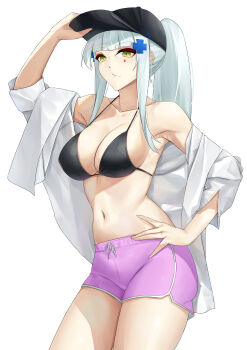 1girl absurdres alternate_costume bare_shoulders baseball_cap bikini bikini_top_only black_bikini black_hat blue_hair breasts casperrin cleavage closed_mouth collarbone earrings feet_out_of_frame girls&#039;_frontline girls&#039;_frontline_2:_exilium green_eyes hair_ornament hairclip hand_on_headwear hand_on_own_hip hat highres hk416_(girls&#039;_frontline) jewelry klukai_(girls&#039;_frontline_2) long_hair looking_at_viewer medium_breasts navel open_clothes open_shirt pink_shorts ponytail shirt shorts sidelocks simple_background solo standing swimsuit tattoo teardrop_facial_mark teardrop_tattoo white_background white_shirt