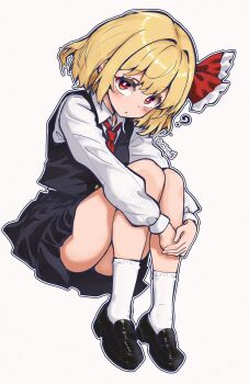 1girl ? absurdres ascot ben-day_dots black_shoes black_skirt black_vest blonde_hair bow carbohydrate_(asta4282) dated film_grain full_body grey_background hair_bow highres hugging_own_legs legs_up light_blush long_sleeves looking_at_viewer parted_lips red_ascot red_bow red_eyes rumia screentones shirt shoes short_hair sitting skirt socks solo touhou vest white_shirt white_socks
