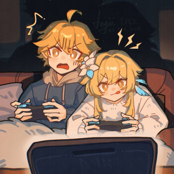 1boy 1girl aether_(genshin_impact) ahoge alternate_costume ayiiiyiii black_hoodie blonde_hair brother_and_sister controller couch flower game_controller genshin_impact hair_between_eyes hair_flower hair_ornament highres hood hoodie indoors licking_lips looking_at_viewer lumine_(genshin_impact) on_couch open_mouth short_hair siblings sitting sweater tongue tongue_out white_sweater yellow_eyes