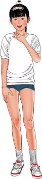 1girl absurdres black_eyes black_hair blue_buruma blunt_bangs buruma commentary_request east_asian full_body futoshi_slim high_ponytail highres long_image mole mole_under_mouth open_mouth original ponytail ribbed_socks shirt shoes smile sneakers socks solo t-shirt tall_image tan white_shirt white_shoes white_socks