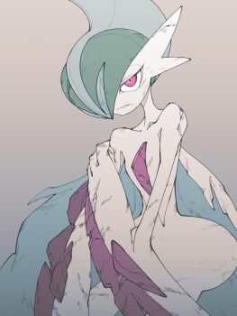 1other after_battle arm_at_side arm_blade battle_damage broken broken_weapon cape colored_skin cracked_armor cracked_skin defeat dirty dirty_face facing_to_the_side gallade gen_4_pokemon green_hair grey_background grimace hand_on_own_arm highres holding_own_arm injury looking_at_viewer mega_gallade mega_pokemon mohawk nintendo pokemon pokemon_(creature) pokemon_focus red_eyes solo torn_cape torn_clothes umi-be-to upper_body weapon white_cape white_skin wide_hips