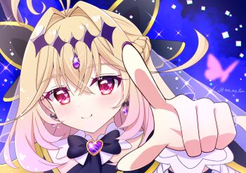 Rule 34 | 1girl, antenna hair, black bow, black bowtie, black capelet, blonde hair, bow, bowtie, braid, brooch, capelet, closed mouth, commentary, crown braid, cure arcana shadow, diamond hairband, earrings, foreshortening, frilled capelet, frilled cuffs, frills, gradient hair, hair bow, hair intakes, heart, heart brooch, jewelry, long hair, looking at viewer, magical girl, meitantei precure!, moria luluka, multicolored hair, nanatsu (na na tsu), pink eyes, pointing, pointing at viewer, portrait, precure, purple veil, smile, solo, sparkle, twitter username, veil