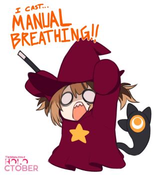 1girl arms_up brown_hair commentary english_commentary english_text gigi_murin hat highres holding holding_wand hololive hololive_english multicolored_hair no_pupils open_mouth sharp_teeth simple_background solo star_(symbol) star_print tail teeth two-tone_hair two_side_up virtual_youtuber wand white_background wizard wizard_hat yoako