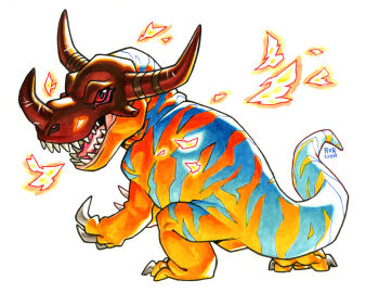 Rule 34 | absurdres, claws, digimon, digimon (creature), fire, greymon, highres, horns, looking at viewer, marker (medium), no humans, open mouth, railroadlion, red eyes, sharp teeth, simple background, solo, tail, teeth, traditional media, white background