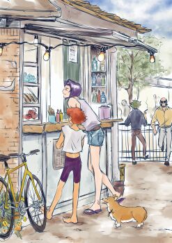 Rule 34 | 2girls, absurdres, bicycle, cowboy bebop, crowd, dark-skinned female, dark skin, dog, edward wong hau pepelu tivrusky iv, ein (cowboy bebop), faye valentine, food, headband, highres, jet black, multiple girls, orange hair, outdoors, purple hair, shopping, short hair, spike spiegel, tobalin