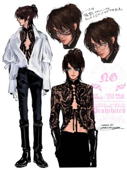 1other black_boots black_gloves black_pants boots brown_hair commentary_request cowboy_shot cropped_head dated eyepatch full_body glasses gloves hair_over_one_eye hange_zoe highres lace_shirt medium_hair midriff multiple_views pants ponytail popsweetyio shingeki_no_kyojin shirt signature solo standing white_shirt