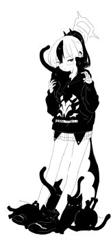 1girl against_wall animal animal_on_shoulder black_cat blue_archive blush cat cat_on_shoulder claw_pose closed_mouth commentary_request cuddling demon_horns demon_wings earclip full_body glaring greyscale half-closed_eyes halo hand_on_animal hand_up hands_up highres hood hood_down hoodie horns kayoko_(blue_archive) leaning_back long_sleeves looking_at_viewer low_wings medium_hair miniskirt monochrome multicolored_hair negiuma pleated_skirt ponytail print_hoodie shoes simple_background skirt solo standing two-tone_hair wings