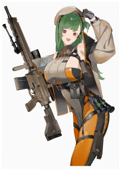 1girl absurdres arm_up belka_(girls'_frontline_2) beret breasts brown_hat brown_jacket commentary_request cropped_legs flashback g28_(girls'_frontline) girls'_frontline girls'_frontline_2:_exilium green_hair gun h&amp;k_g28 hat highres holding holding_gun holding_weapon jacket large_breasts long_hair one_side_up open_clothes open_jacket open_mouth red_eyes scope simple_background smile solo sutekina_awa teeth upper_teeth_only w weapon white_background