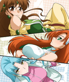3girls aqua_hair banpresto bare_shoulders bioroid_hei blue_hair breasts brown_eyes brown_hair cliana_rimskaya earrings feathers fingerless_gloves glacies gloves green_eyes hair_ornament jacket jewelry long_hair looking_at_viewer looking_up monica_grania_bilseia multiple_girls necktie orange_hair smile super_robot_wars super_robot_wars_destiny super_robot_wars_original_generation super_robot_wars_the_lord_of_elemental thighhighs yellow_eyes