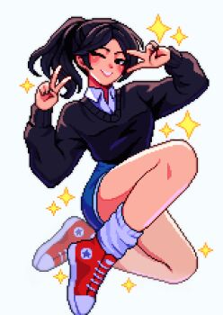 1girl artist_self-insert black_eyes black_hair black_sweater blush breasts collared_shirt commentary converse double_v english_commentary full_body high_ponytail highres long_hair one_eye_closed original parted_lips pixel_art ponytail red_shoes shirt shoes short_shorts shorts simple_background smile sneakers socks solo sparkle sweater v v_over_eye white_background white_shirt white_socks yumykon yumykon_(yumykon)