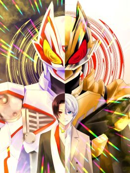 2boys armor black_hair black_jacket blue_eyes bodysuit brown_hair cape cjdx3528 desire_driver dual_persona fox_mask glowing glowing_eyes helmet highres jacket kamen_rider kamen_rider_dooms_geats kamen_rider_geats kamen_rider_geats:_jyamato_awaking kamen_rider_geats_(series) kamen_rider_geats_ix male_focus mask multiple_boys red_eyes shirt short_hair solo tokusatsu ukiyo_ace white_hair white_shirt yellow_eyes