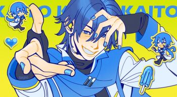 1boy :d ^_^ artist_name black_pants black_shoes blue_eyes blue_hair blue_nails blue_scarf blue_shirt bombyoon character_name closed_eyes coat commentary fingernails food green_background grin hair_between_eyes hashtag-only_commentary heart kaito_(vocaloid) looking_at_viewer male_focus nail_polish open_mouth pants popsicle scarf shirt shoes smile teeth upper_teeth_only vocaloid white_coat