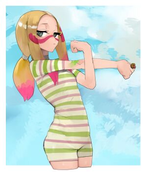 Rule 34 | 1girl, alternate costume, aqua eyes, bad id, bad tumblr id, blonde hair, clenched hands, closed mouth, colored tips, cropped legs, cross-body stretch, facepaint, half-closed eyes, hand up, jewelry, legs together, long hair, low ponytail, mina (pokemon), multicolored hair, nintendo, old-fashioned swimsuit, one-piece swimsuit, outstretched arm, pink hair, pokemon, pokemon sm, ponytail, raichiyo, ring, solo, standing, striped clothes, striped one-piece swimsuit, swimsuit, two-tone hair