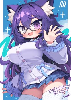 Rule 34 | 1girl, animal ear fluff, animal ears, blue background, blue skirt, blush, breasts, commentary request, commission, cowboy shot, glasses, grey eyes, hand up, heterochromia, highres, jacket, large breasts, layered sleeves, long hair, long sleeves, looking at viewer, nanatsuta, open mouth, plaid clothes, plaid skirt, pleated skirt, purple eyes, purple hair, signature, skeb commission, skirt, solo, thighhighs, vrchat, white jacket, white thighhighs