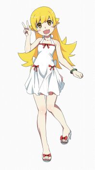 1girl animated animated_gif bare_legs bare_shoulders barefoot blonde_hair blush closed_mouth collarbone dot_nose dress english_text fang feet female_focus flat_chest full_body gesugesu_ahoaho high_heels highres huge_filesize knee_blush legs loli long_hair looking_at_viewer midriff miniskirt monogatari_(series) navel no_bra one_eye_closed open_mouth oshino_shinobu panties peace_symbol red_ribbon ribbon see-through_clothes see-through_dress sexually_suggestive shoulder_blush skirt sleeveless sleeveless_dress solo solo_focus stomach thighs toes underwear vampire very_long_hair white_dress white_skirt wink yellow_eyes