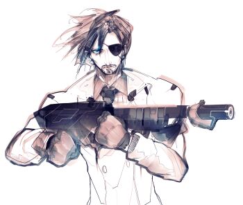 Rule 34 | 1boy, beard, blue eyes, brown hair, commentary request, eyepatch, facial hair, formal clothes, gloves, gun, holding, holding gun, holding weapon, jacket, looking at viewer, male focus, messy hair, necktie, original, parted bangs, parted lips, portrait, riuichi, serious, shirt, short hair, simple background, straight-on, suit, weapon, white background, white jacket
