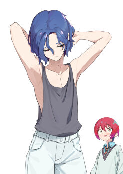 1boy 1girl absurdres amate_yuzuriha aqua_eyes aqua_shirt arms_behind_head blue_hair collarbone commentary_request fuse_gomame gundam gundam_gquuuuuux highres long_sleeves male_focus necktie pants red_eyes red_hair school_uniform shirt short_hair shuji_ito simple_background sleeveless solo_focus tank_top two-tone_necktie white_background white_pants