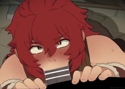 1boy 1girl animated arms_up bar_censor bare_shoulders black_eyes blush bracelet breasts brown_bracelet brown_tunic censored constricted_pupils dark-skinned_male dark_skin deepthroat dungeon_meshi embarrassed eyebrows fellatio from_above hands_on_another&#039;s_stomach hetero indoors interracial interspecies jewelry kneeling large_breasts large_penis looping_animation mizumizuni namari_(dungeon_meshi) nose nose_blush oral penis pov pov_crotch red_hair saliva short_hair shortstack sleeveless sleeveless_tunic solo_focus tagme tunic very_dark_skin video